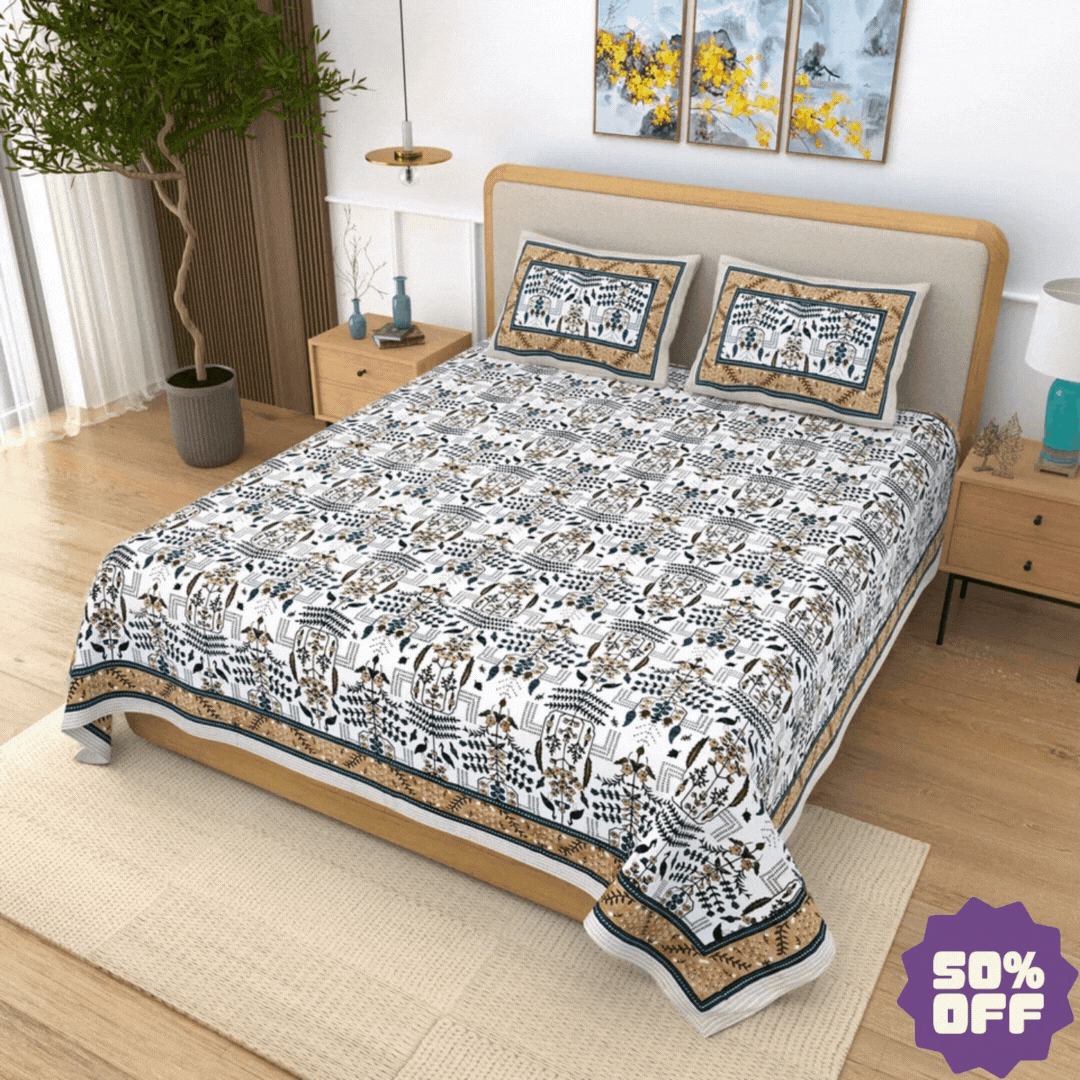 Jaipuri Cotton Double Bedsheet – Beige & Blue Mughal Print (90x108 inches)