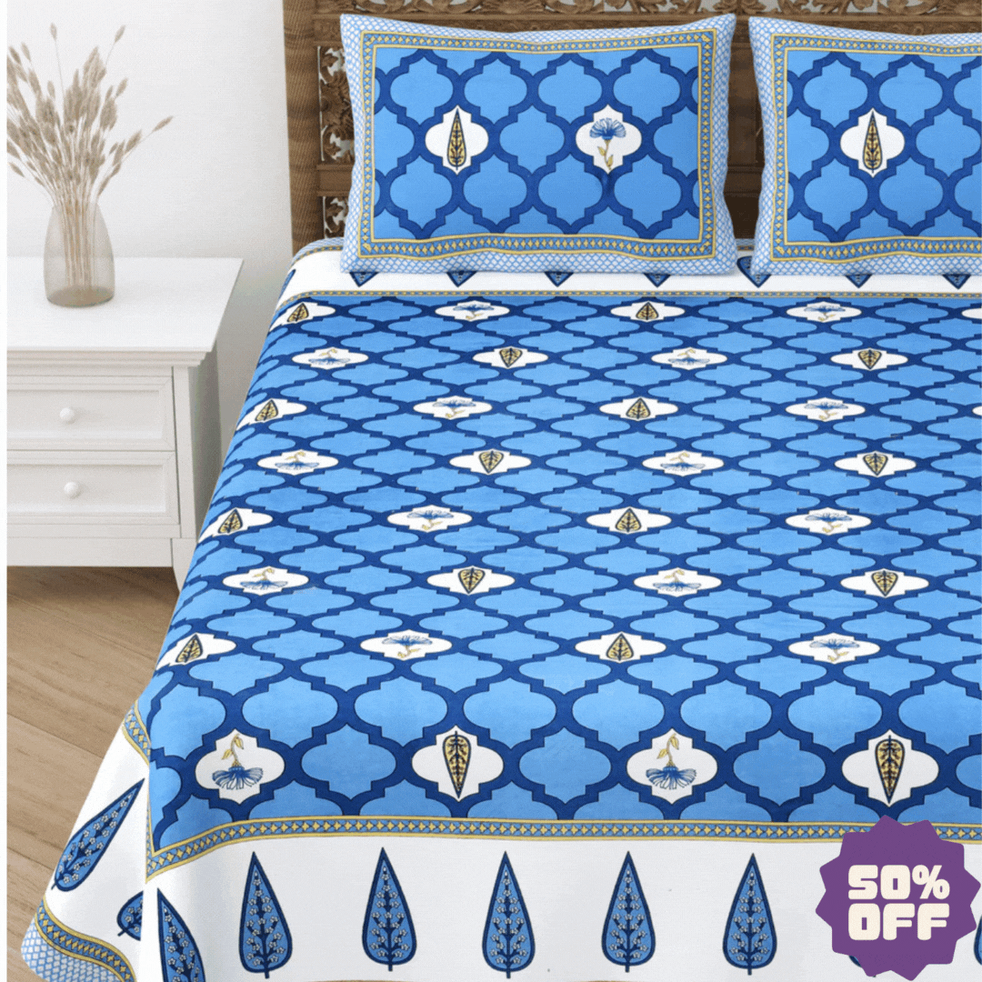 Jaipuri Cotton Double Bedsheet Set – Blue & White Mughal Print (90x108 inches)
