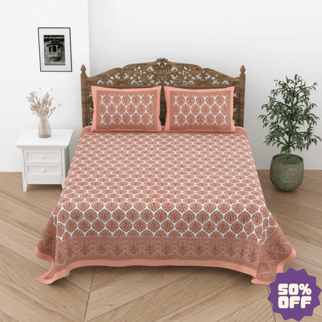 Jaipuri Cotton Double Bedsheet Set – Rust & White Floral Print (90x108 inches)