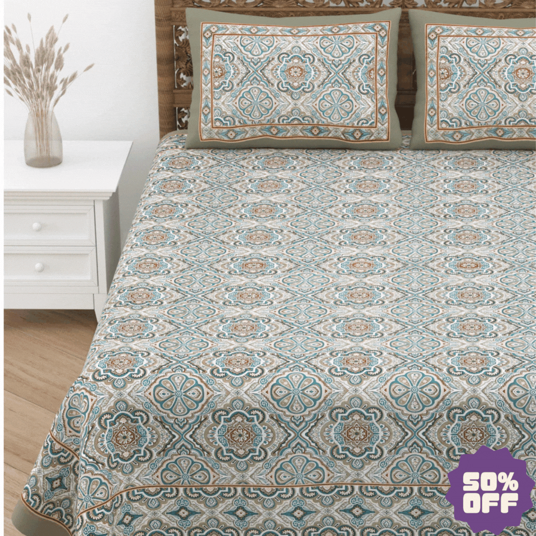 Jaipuri Cotton Double Bedsheet Set – Green & Beige Floral Mughal Print (90x108 inches)