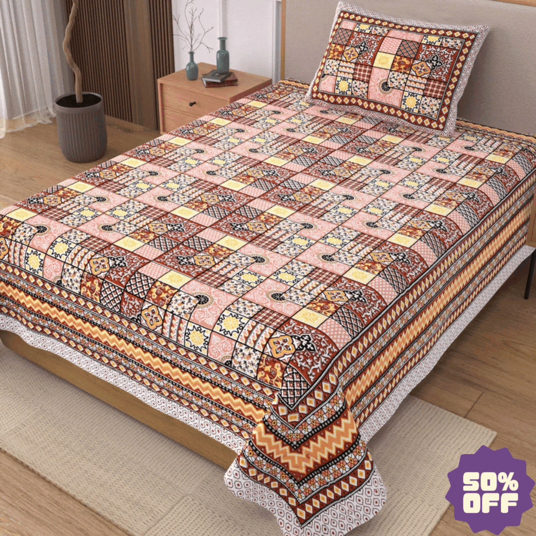 Jaipuri Cotton Single Bedsheet Set – Patchwork Print (70X100 inches)