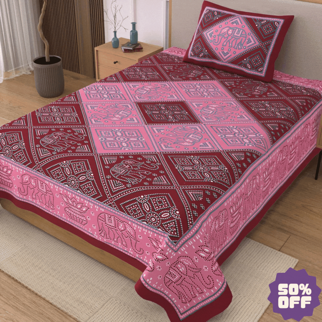 Jaipuri Cotton Single Bedsheet Set – Pink & Maroon Bandhani Print (70X100 inches)