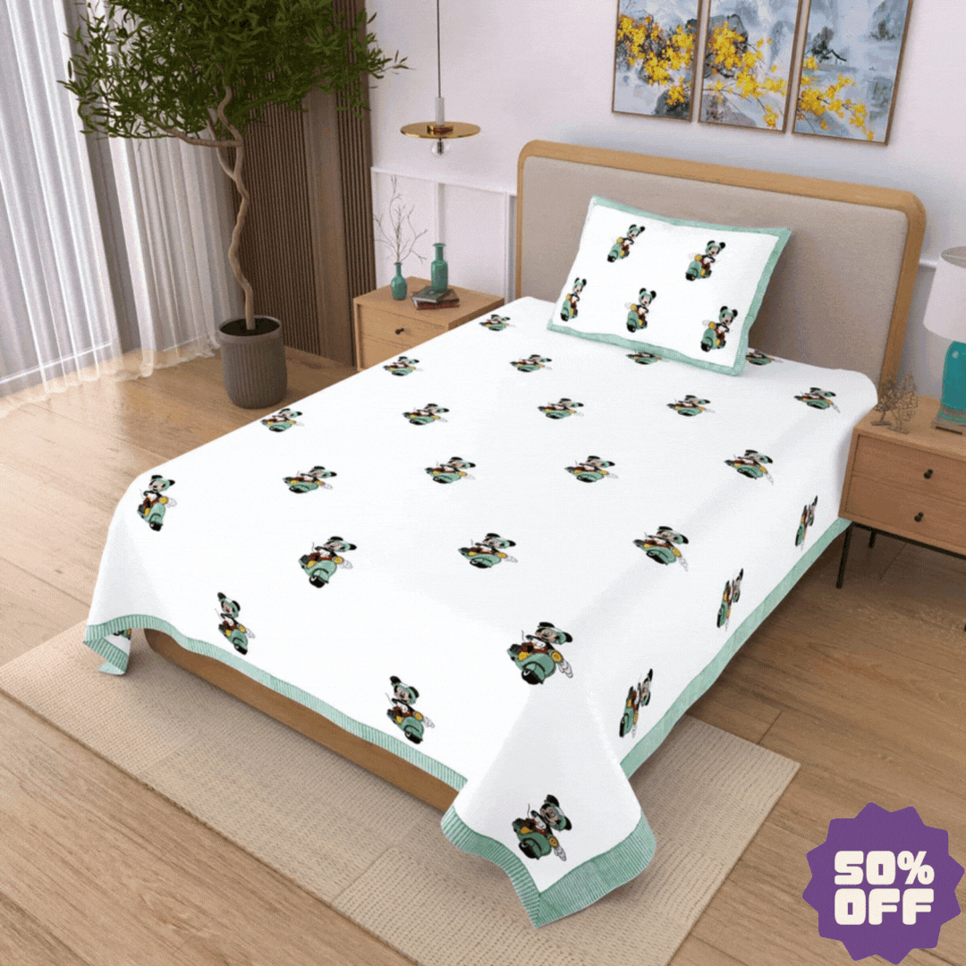 Mickey Scooter Block Printed Kids Cotton Bedsheet - Single Bed Size (60X90 Inches)