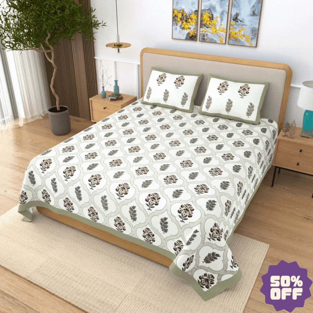 Jaipuri Cotton Double Bedsheet Set - Green Mughal Jaal (90x108 inches)