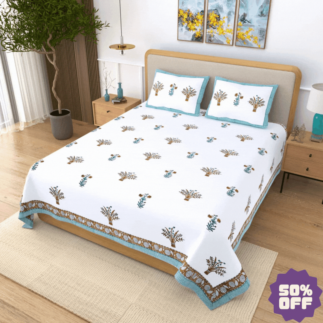 Jaipuri Cotton Double Bedsheet Set - Yellow Floral (108x108 inches)