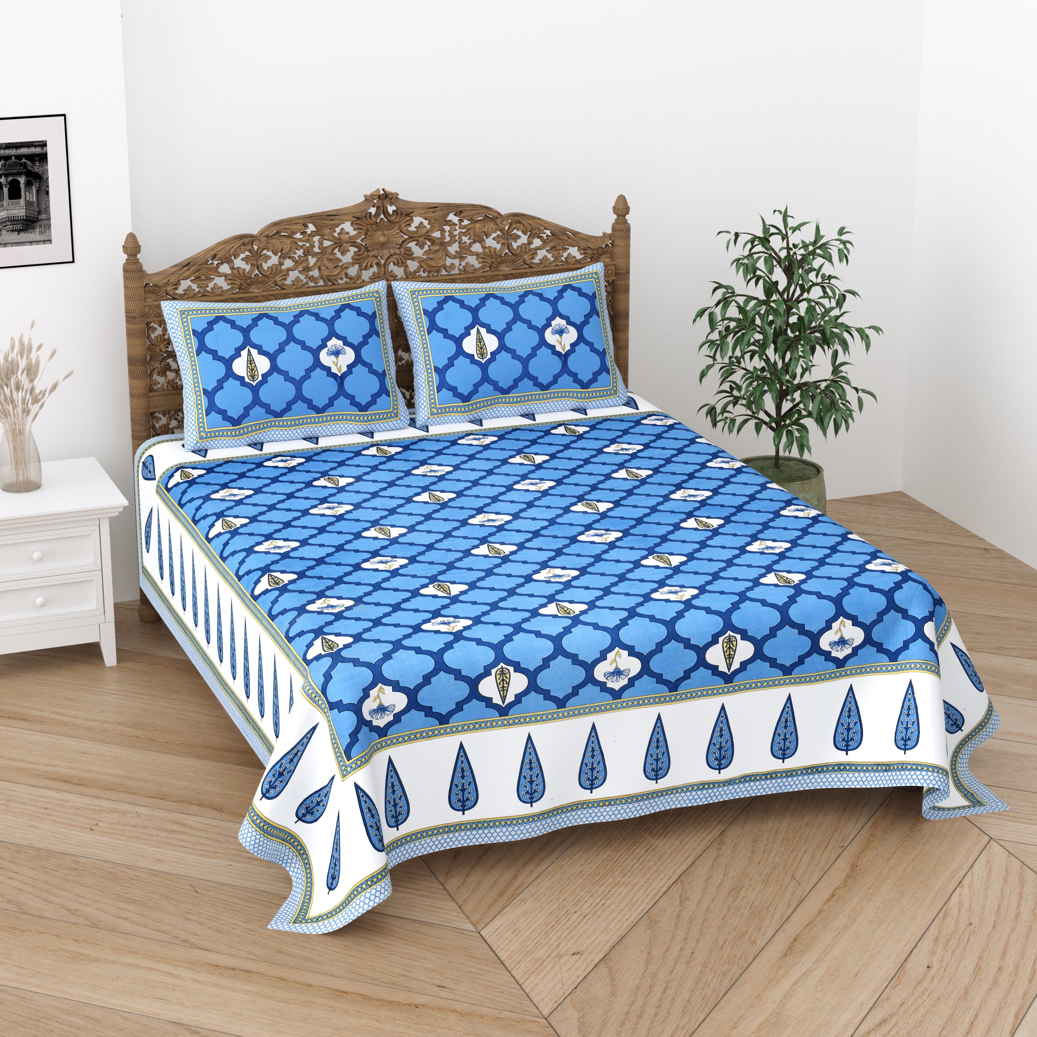 Jaipuri Cotton Double Bedsheet Set – Blue & White Mughal Print (90x108 inches)