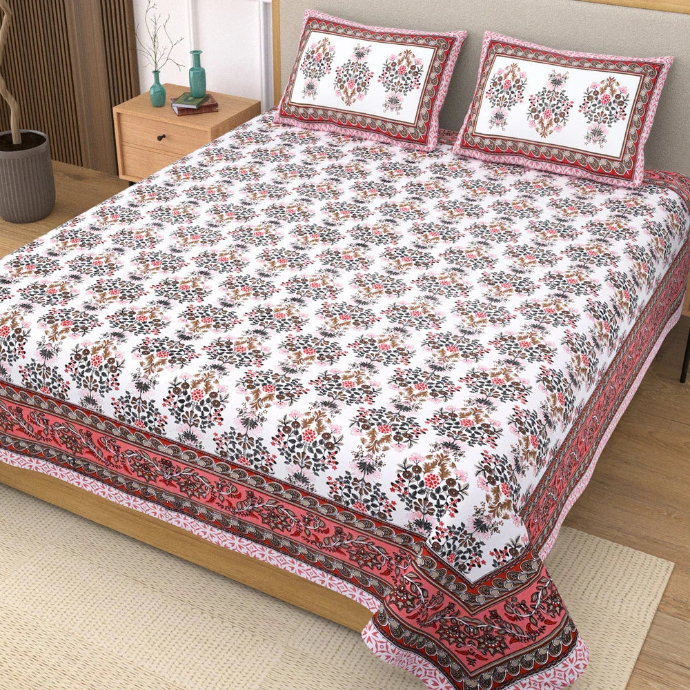Jaipuri Cotton Double Bedsheet – White, Pink & Brown Floral Print (90x108 inches)