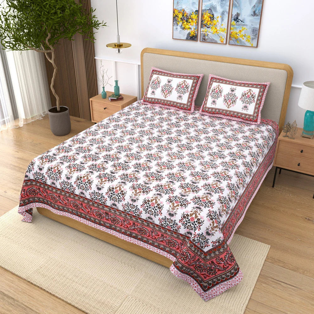 Jaipuri Cotton Double Bedsheet – White, Pink & Brown Floral Print (90x108 inches)
