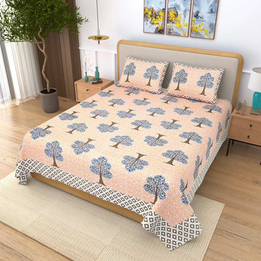 Jaipuri Cotton Double Bedsheet – Peach & Blue Tree Motif (90x108 inches)