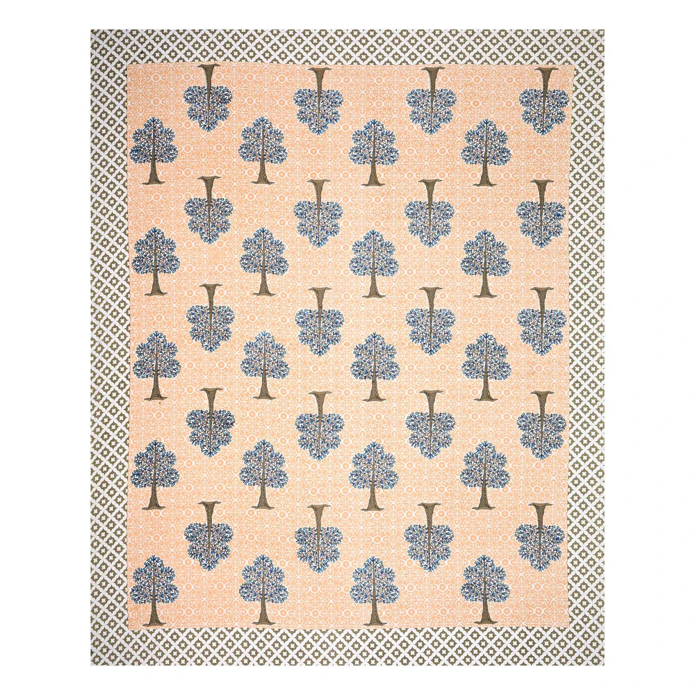 Jaipuri Cotton Double Bedsheet – Peach & Blue Tree Motif (90x108 inches)