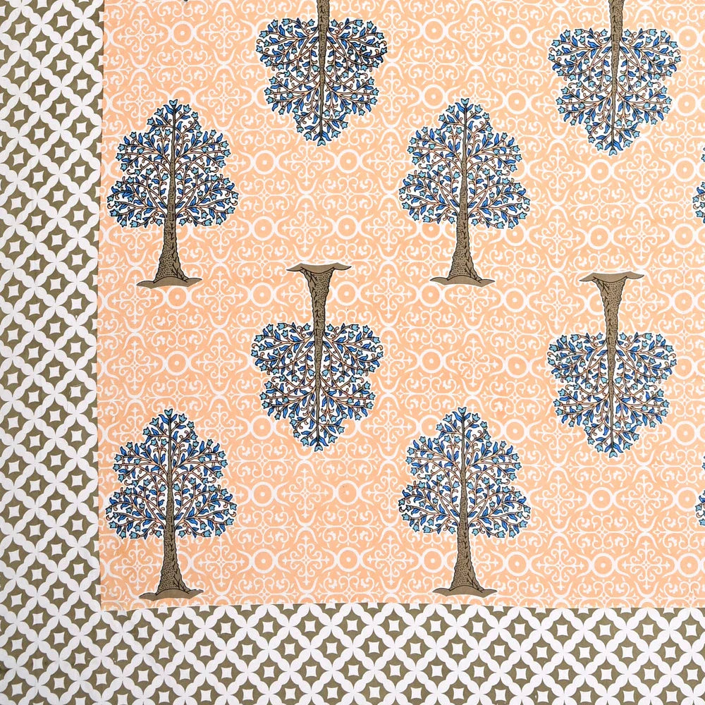 Jaipuri Cotton Double Bedsheet – Peach & Blue Tree Motif (90x108 inches)