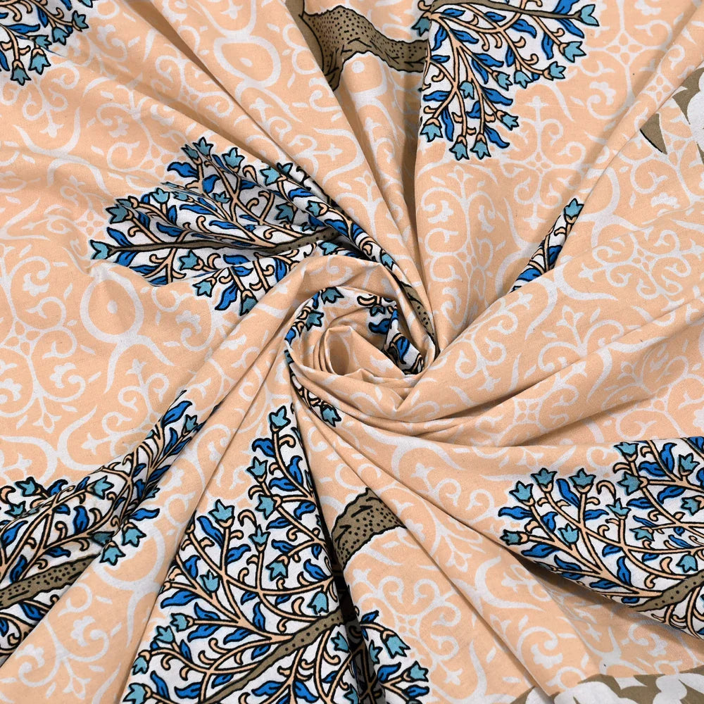 Jaipuri Cotton Double Bedsheet – Peach & Blue Tree Motif (90x108 inches)