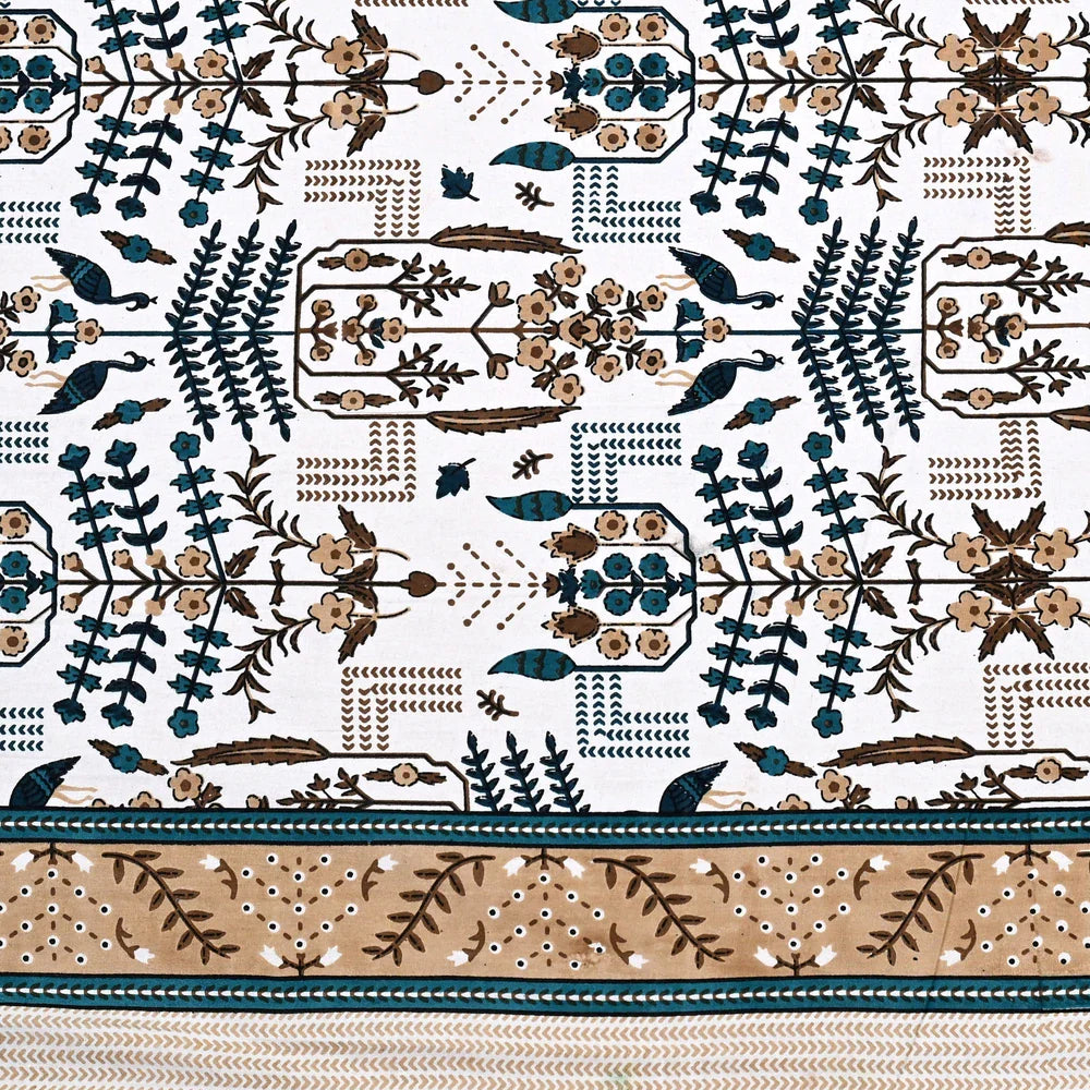 Jaipuri Cotton Double Bedsheet – Beige & Blue Mughal Print (90x108 inches)