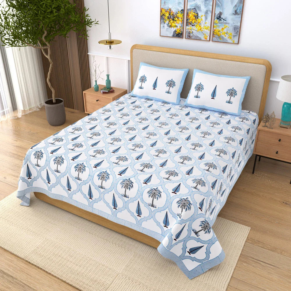 Jaipuri Cotton Double Bedsheet Set - Blue Leaf Motif (108x108 inches)