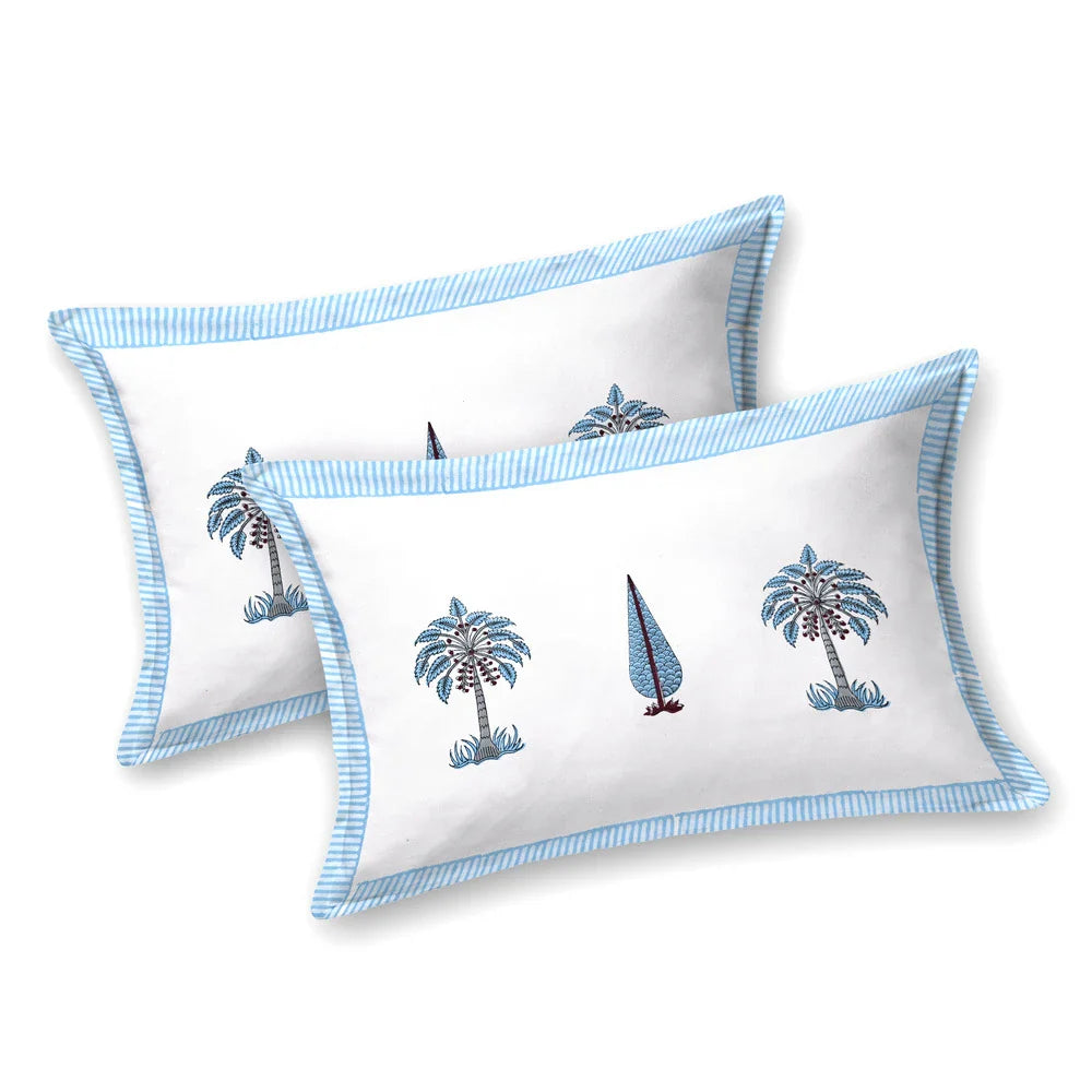 Jaipuri Cotton Double Bedsheet Set - Blue Leaf Motif (108x108 inches)