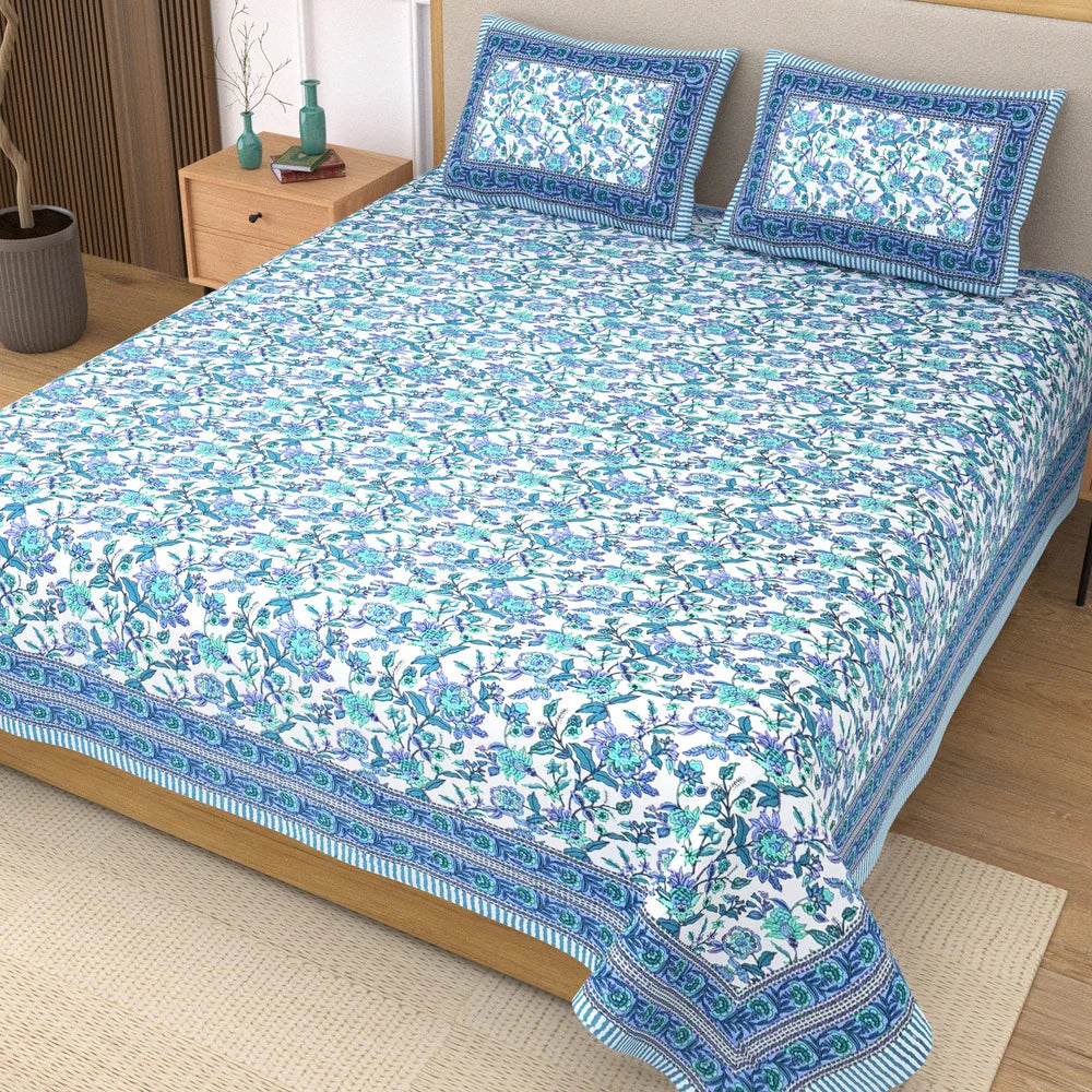 Jaipuri Cotton Double Bedsheet – Blue & Aqua Floral Vine (90x108 inches)