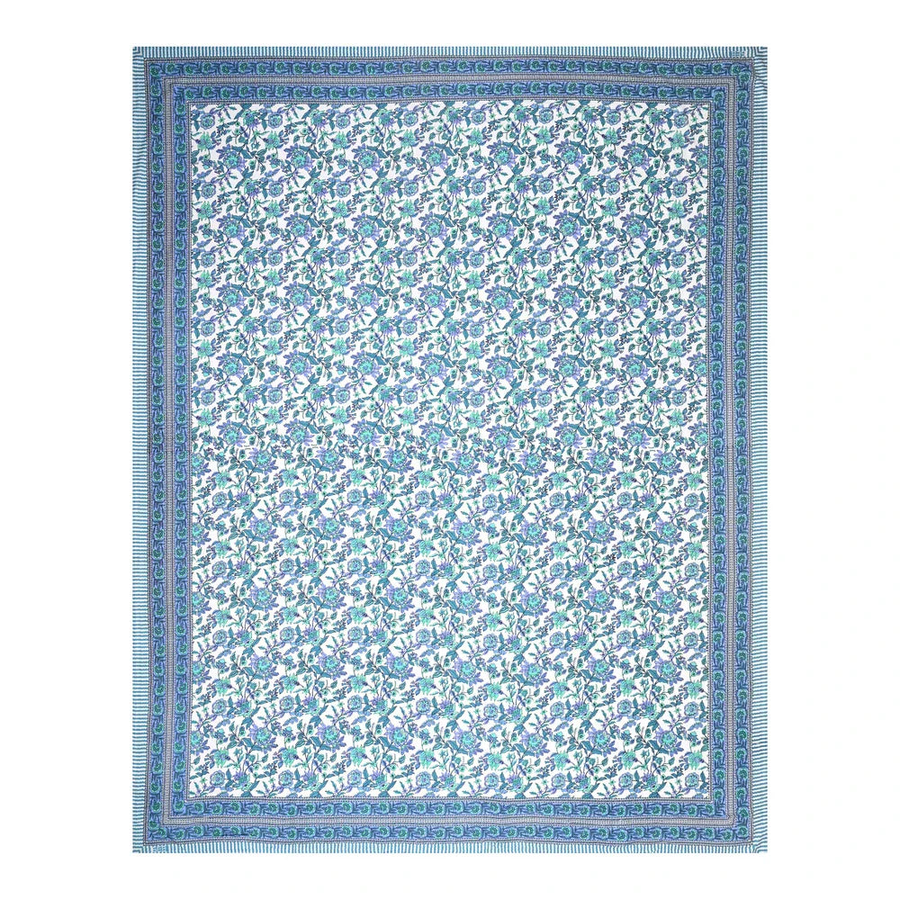Jaipuri Cotton Double Bedsheet – Blue & Aqua Floral Vine (90x108 inches)