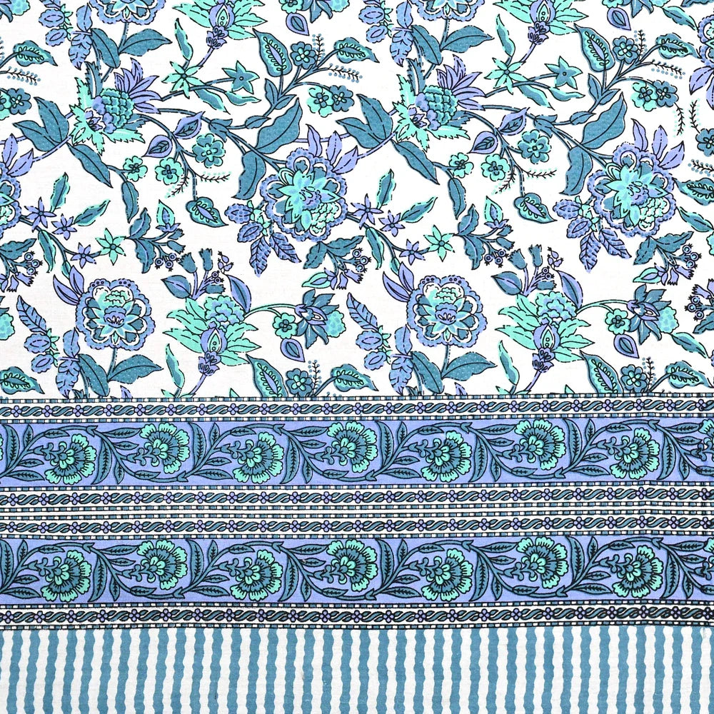 Jaipuri Cotton Double Bedsheet – Blue & Aqua Floral Vine (90x108 inches)