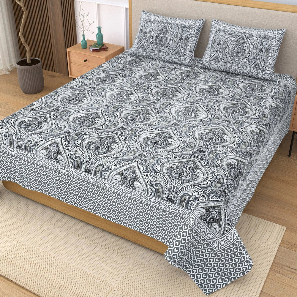 Jaipuri Cotton Double Bedsheet – Black & White Paisley (90x108 inches)