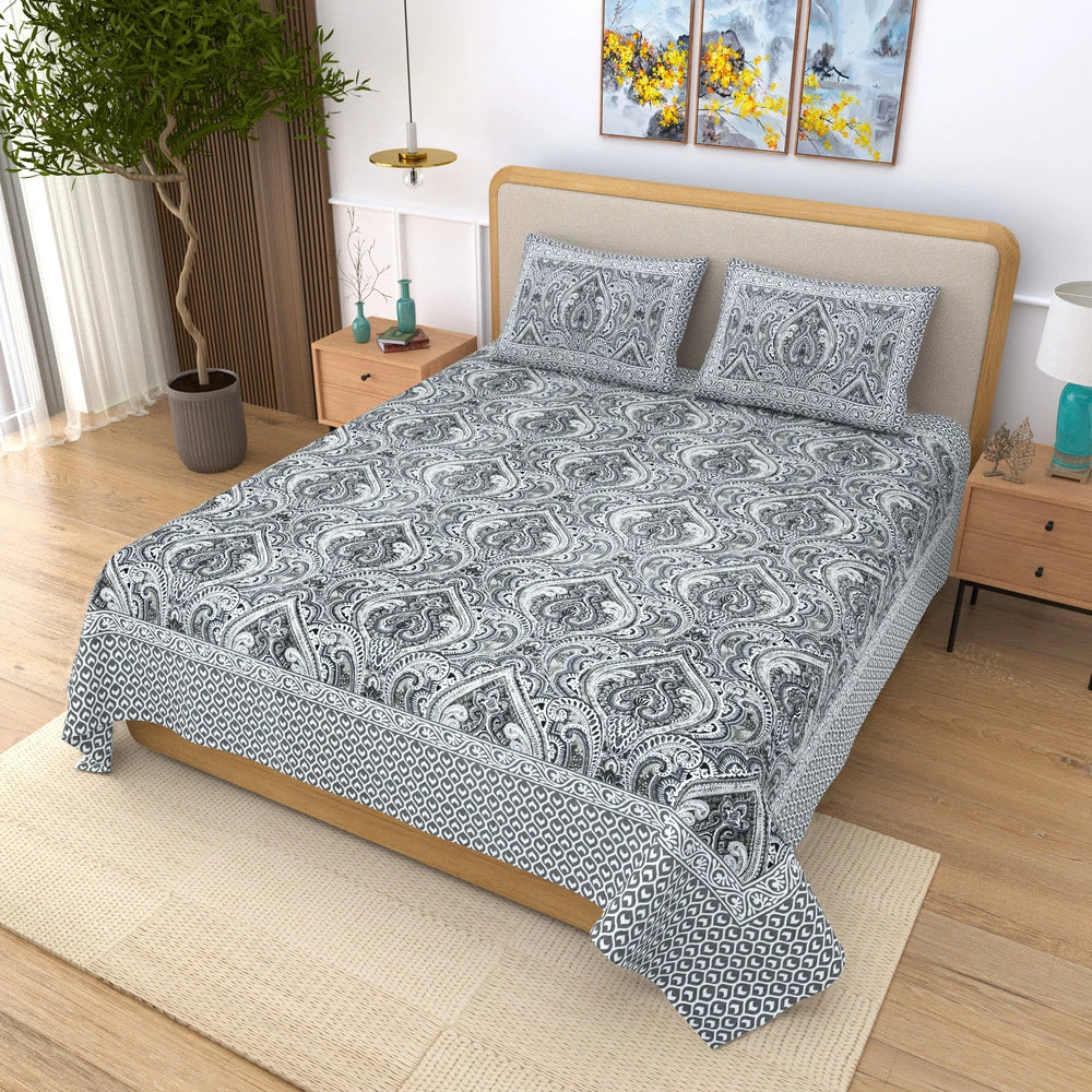 Jaipuri Cotton Double Bedsheet – Black & White Paisley (90x108 inches)