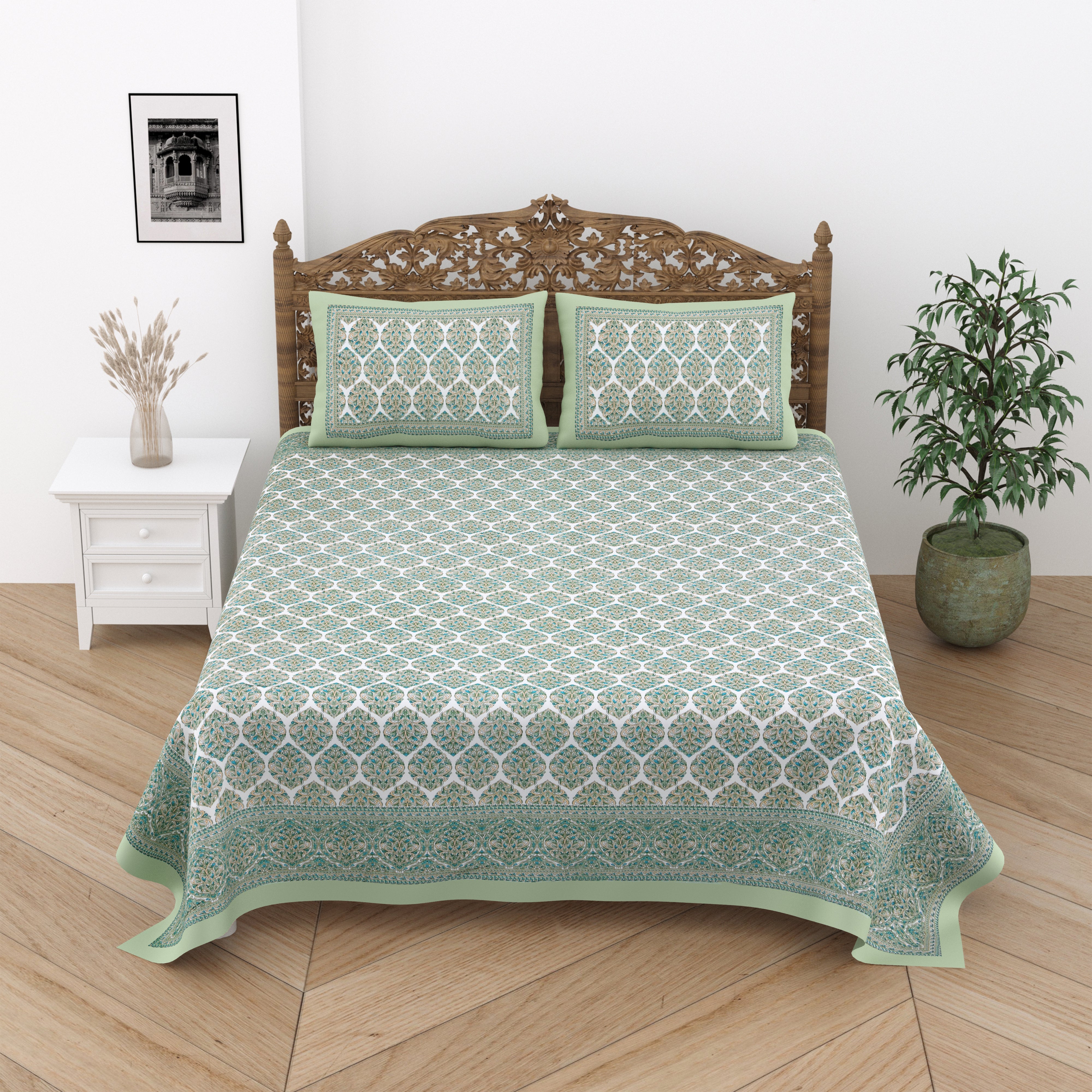 Jaipuri Cotton Double Bedsheet Set – Green & Beige Floral Print (90x108 inches)