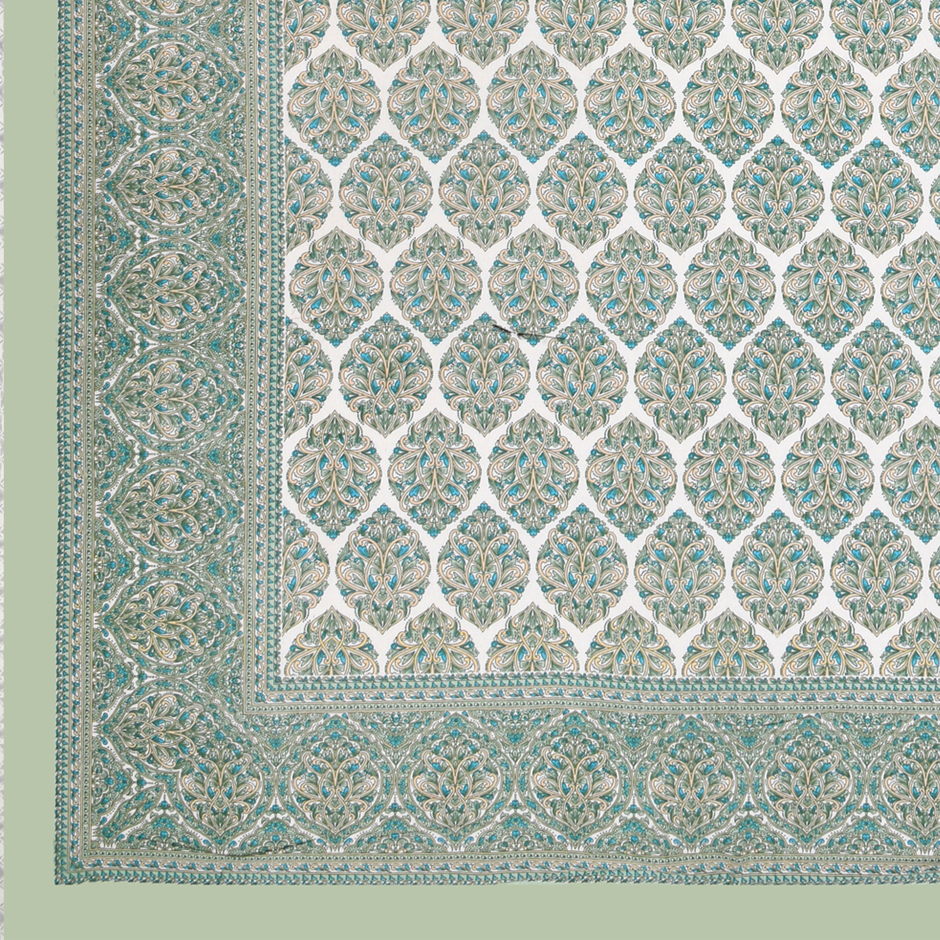 Jaipuri Cotton Double Bedsheet Set – Green & Beige Floral Print (90x108 inches)