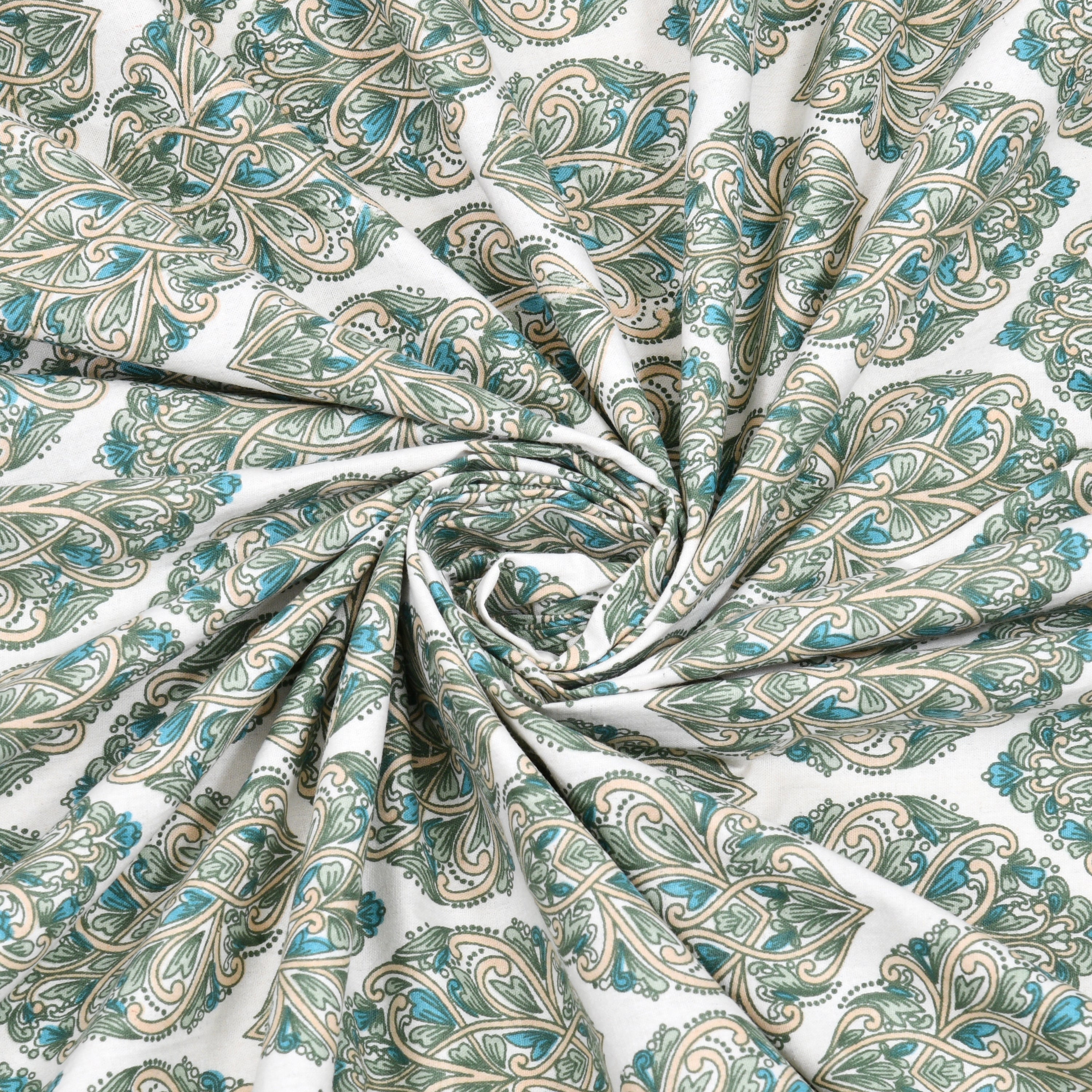 Jaipuri Cotton Double Bedsheet Set – Green & Beige Floral Print (90x108 inches)