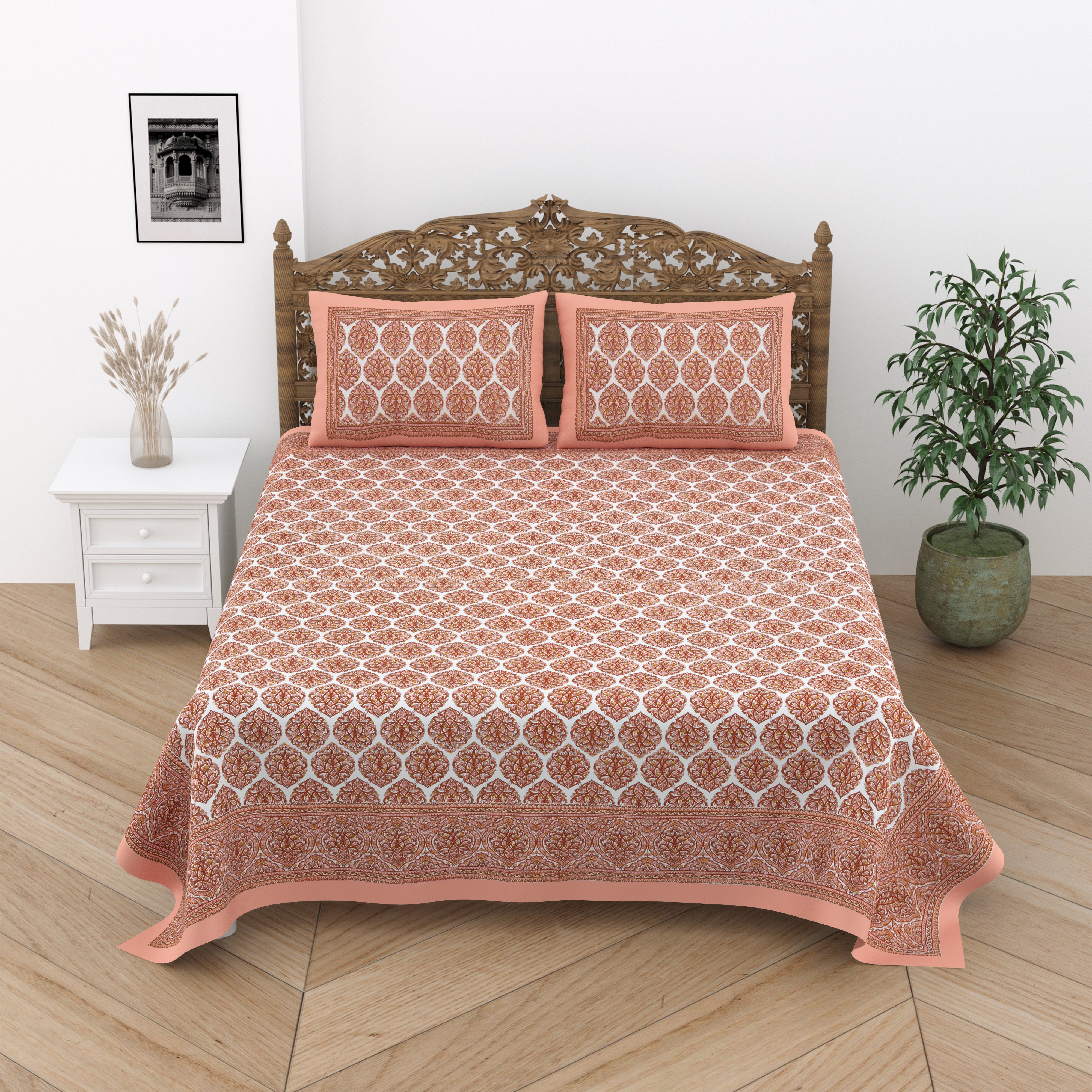 Jaipuri Cotton Double Bedsheet Set – Rust & White Floral Print (90x108 inches)