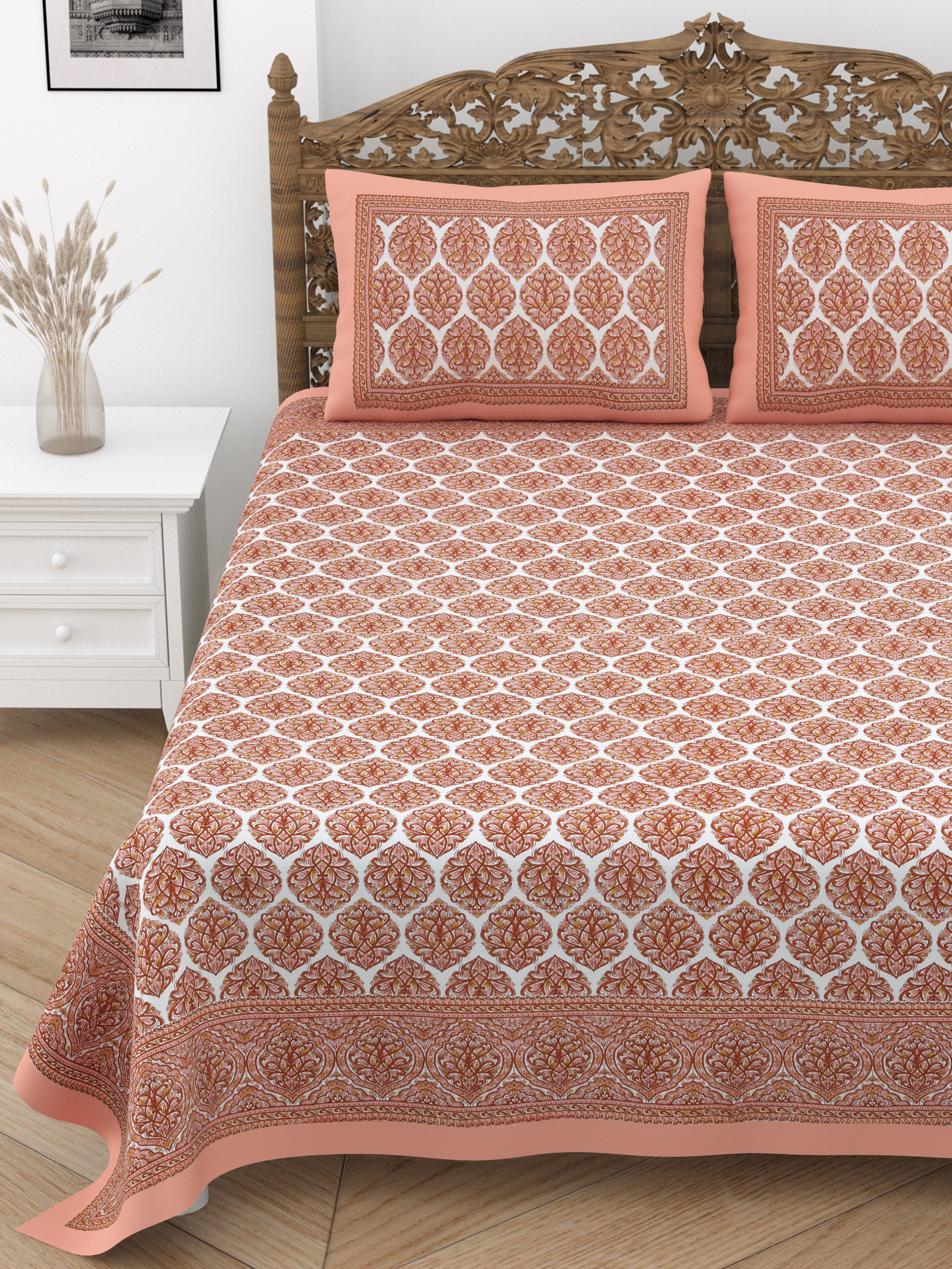 Jaipuri Cotton Double Bedsheet Set – Rust & White Floral Print (90x108 inches)