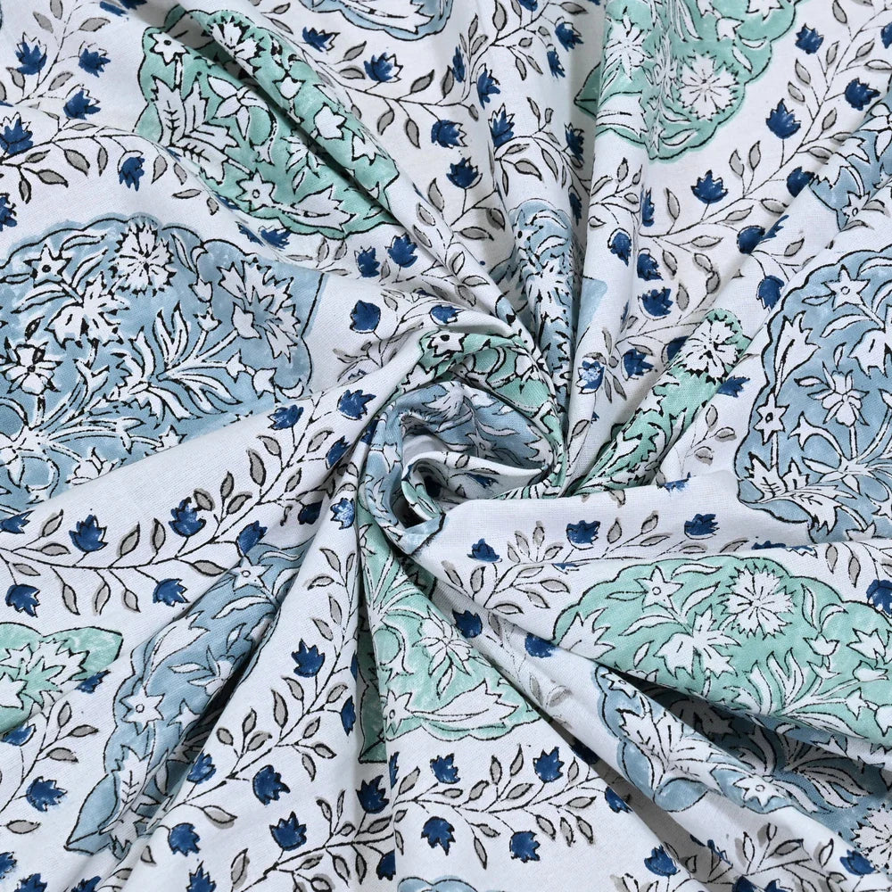 Jaipuri Cotton Double Bedsheet Set - Blue Mughal Jaal (108x108 inches)