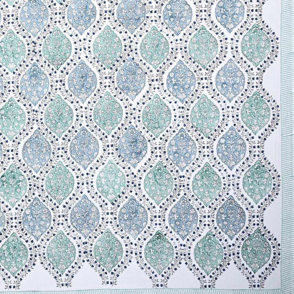 Jaipuri Cotton Double Bedsheet Set - Blue Mughal Jaal (108x108 inches)