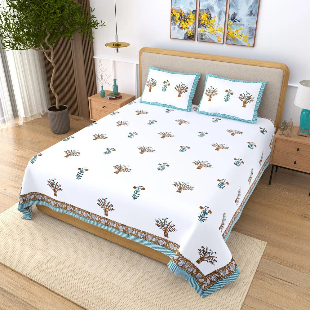 Jaipuri Cotton Double Bedsheet Set - Yellow Floral (108x108 inches)