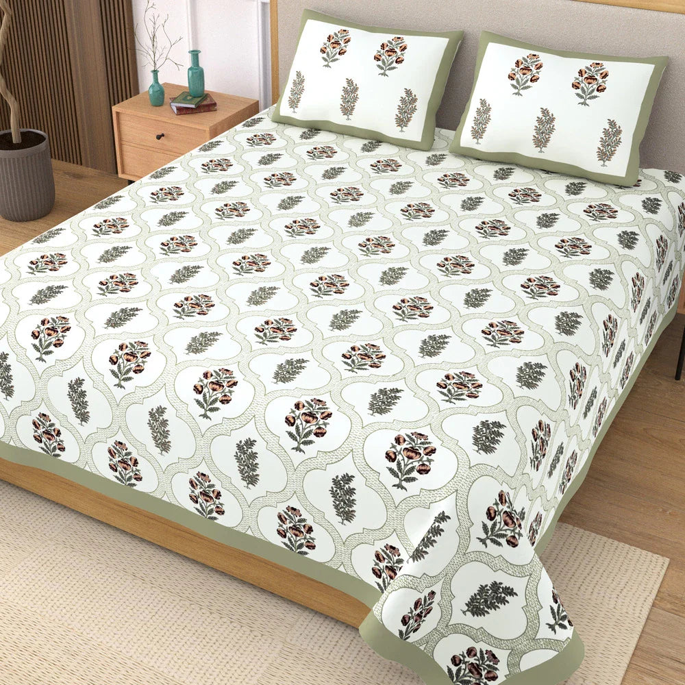 Jaipuri Cotton Double Bedsheet Set - Green Mughal Jaal (90x108 inches)