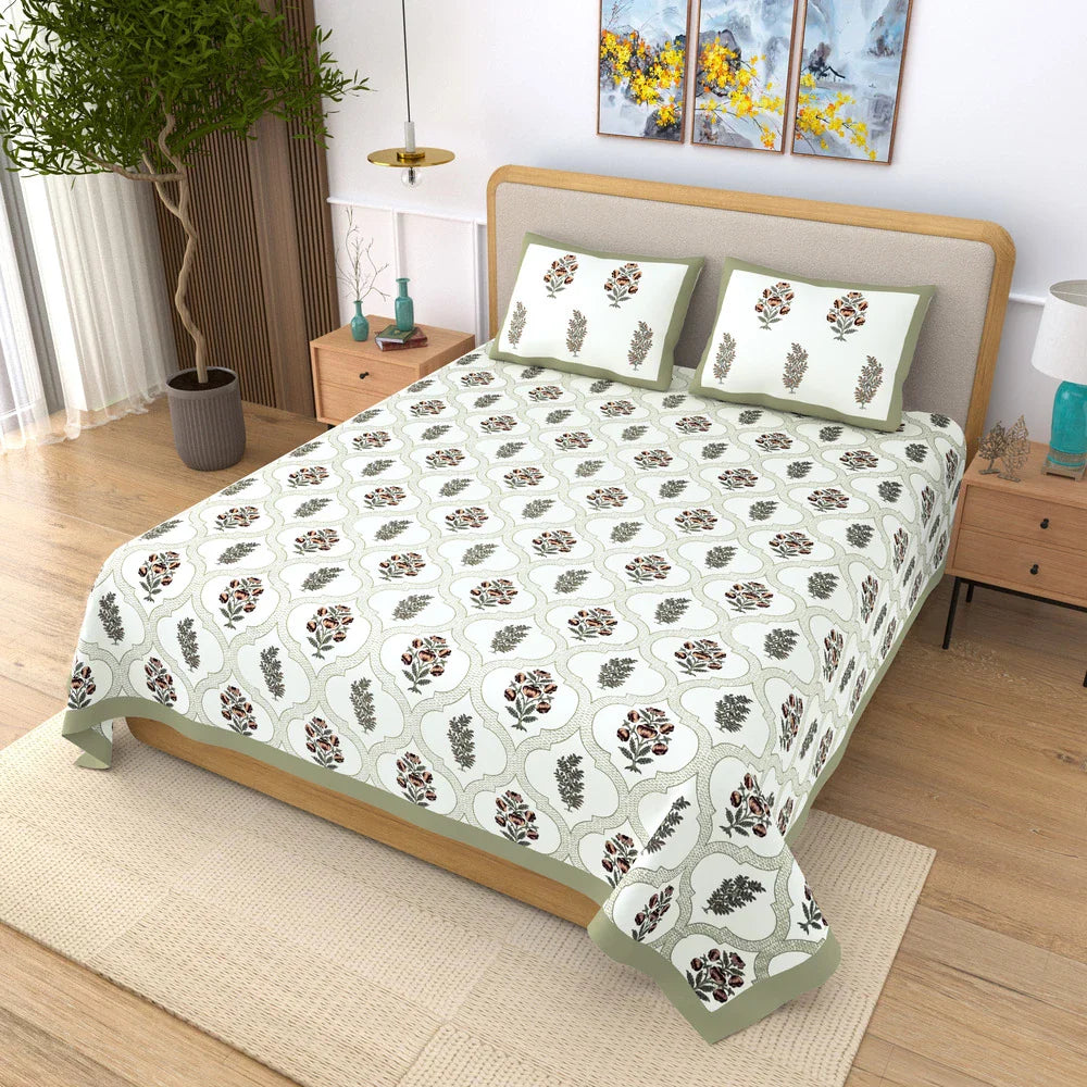 Jaipuri Cotton Double Bedsheet Set - Green Mughal Jaal (90x108 inches)