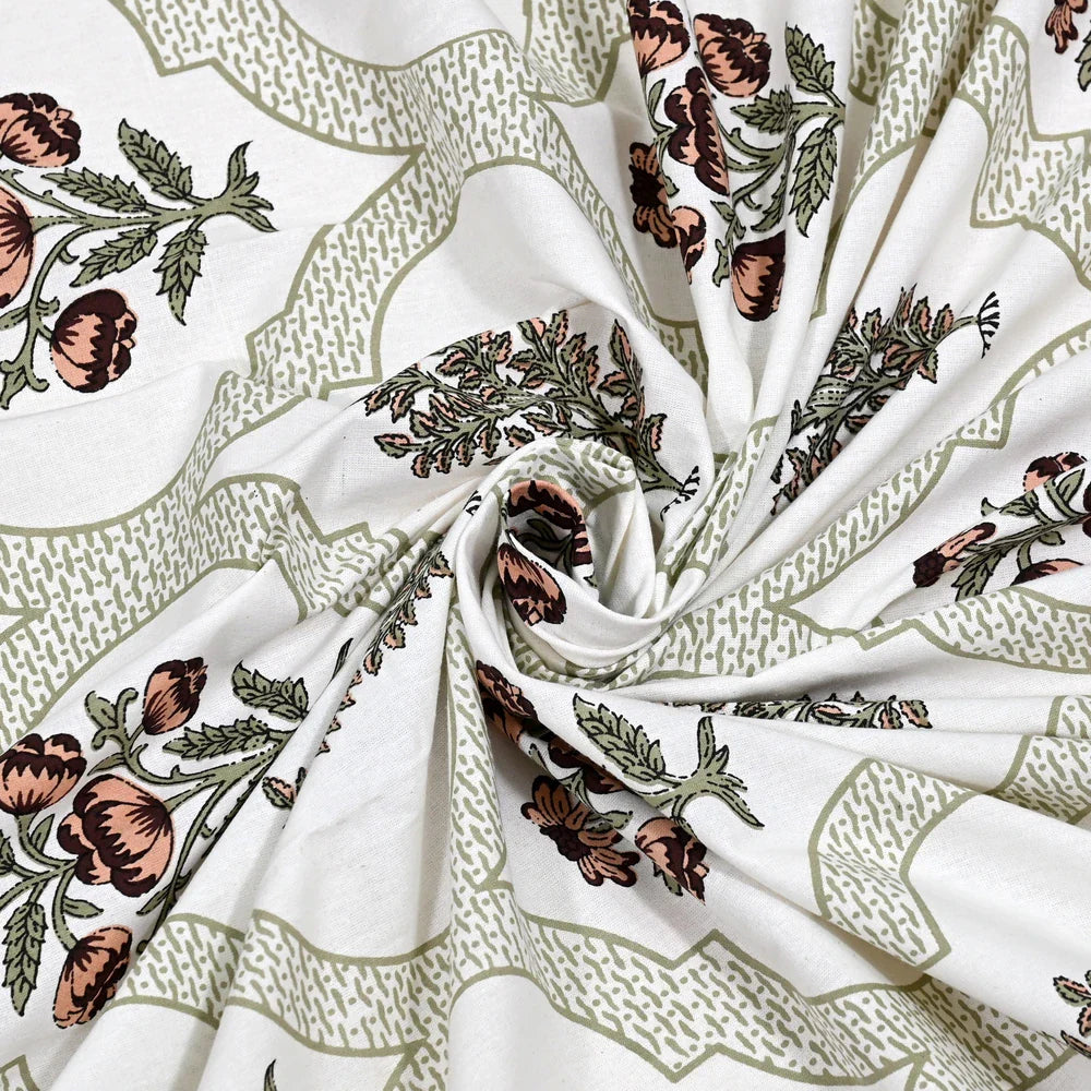 Jaipuri Cotton Double Bedsheet Set - Green Mughal Jaal (90x108 inches)