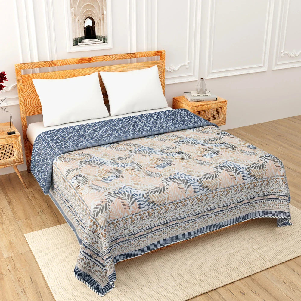 All Season Jaipuri AC Blanket | 100% Cotton | Block Print | Double Bed - Blue & Yellow Patta (90X108 inches)