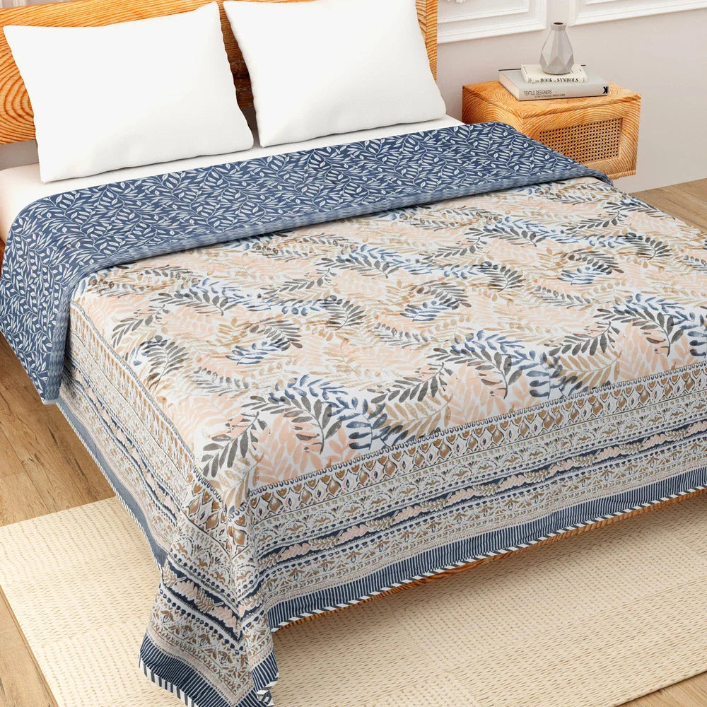 All Season Jaipuri AC Blanket | 100% Cotton | Block Print | Double Bed - Blue & Yellow Patta (90X108 inches)