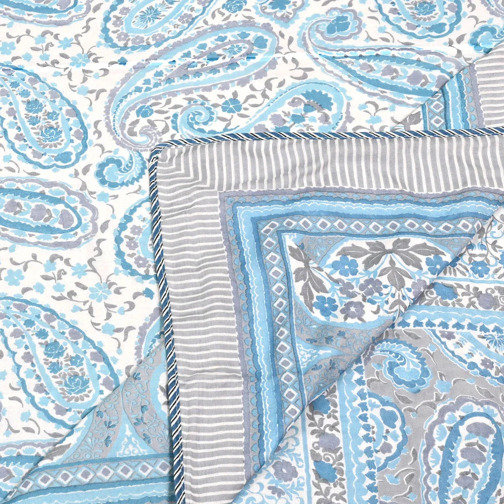 All Season Jaipuri AC Blanket | 100% Cotton | Block Print | Double Bed - Blue Sanganeri (90X108 inches)