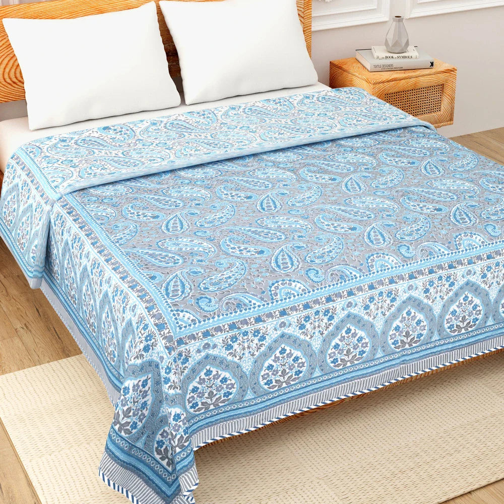 All Season Jaipuri AC Blanket | 100% Cotton | Block Print | Double Bed - Blue Sanganeri (90X108 inches)