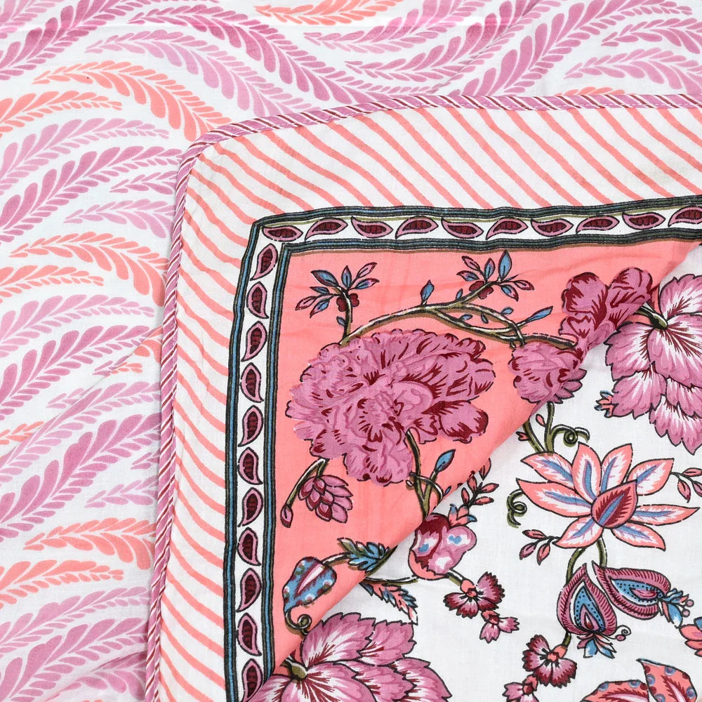 All Season Jaipuri AC Blanket | 100% Cotton | Block Print | Double Bed - Birds & Gulab Motif (90X108 inches)