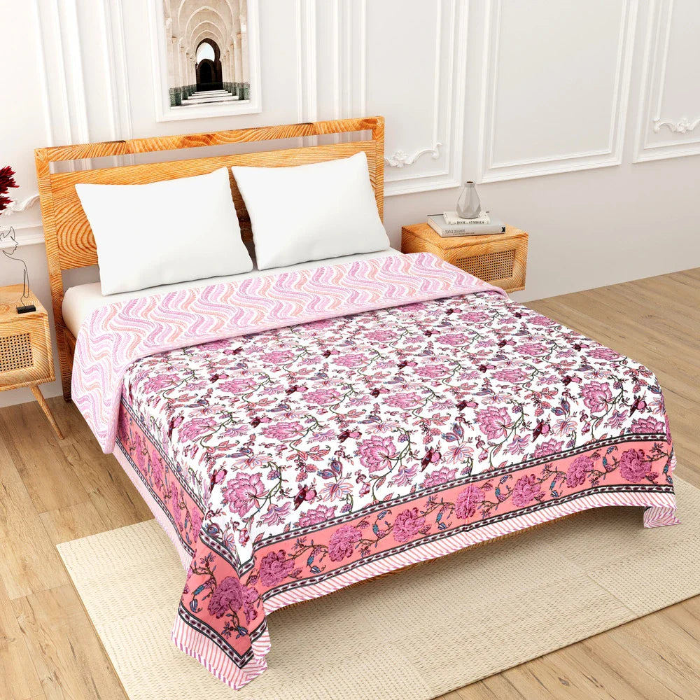 All Season Jaipuri AC Blanket | 100% Cotton | Block Print | Double Bed - Birds & Gulab Motif (90X108 inches)