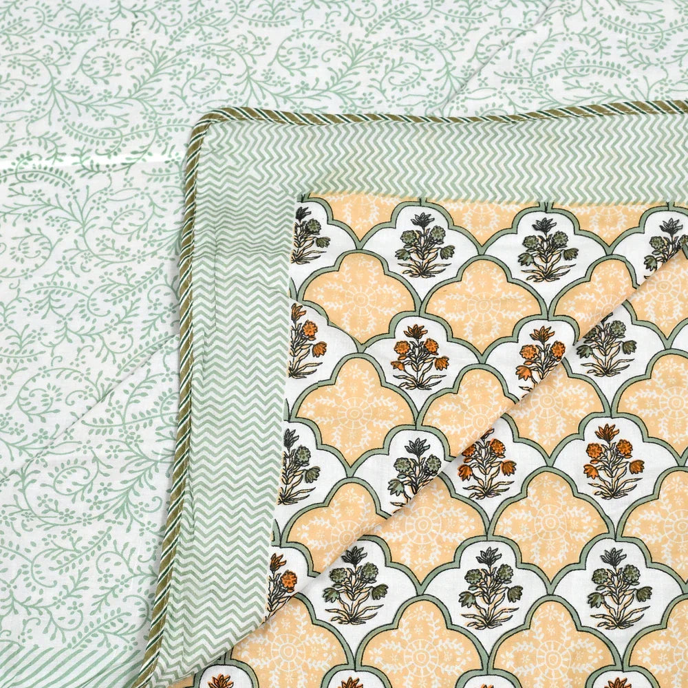All Season Jaipuri AC Blanket | 100% Cotton | Block Print | Double Bed - Mughal Floral Jaal (90X108 inches)
