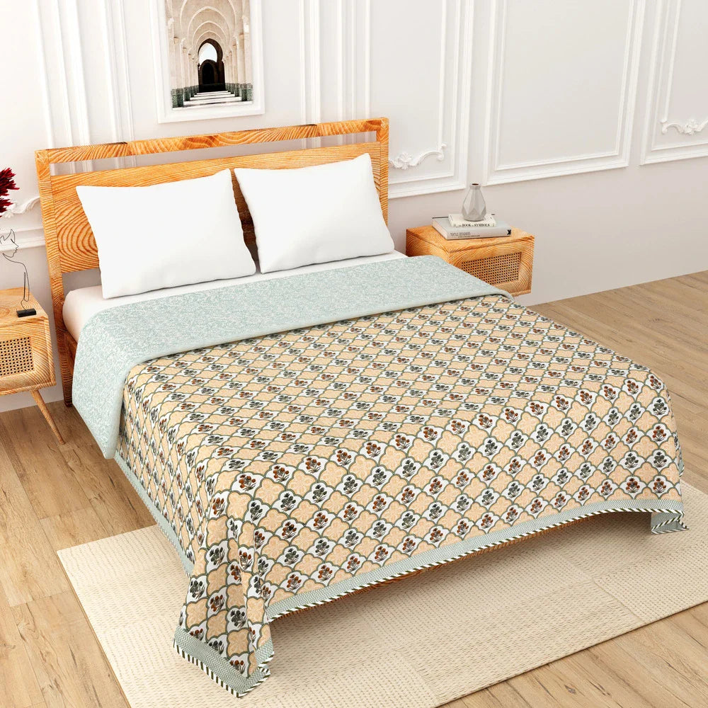 All Season Jaipuri AC Blanket | 100% Cotton | Block Print | Double Bed - Mughal Floral Jaal (90X108 inches)