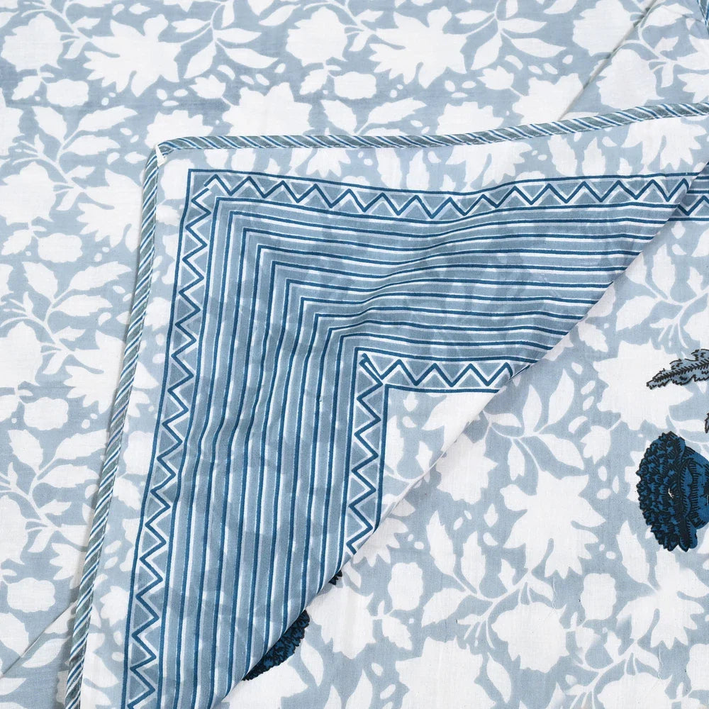 All Season Jaipuri AC Blanket | 100% Cotton | Block Print | Single Bed  – Blue Floral Buta (63X90 Inches)