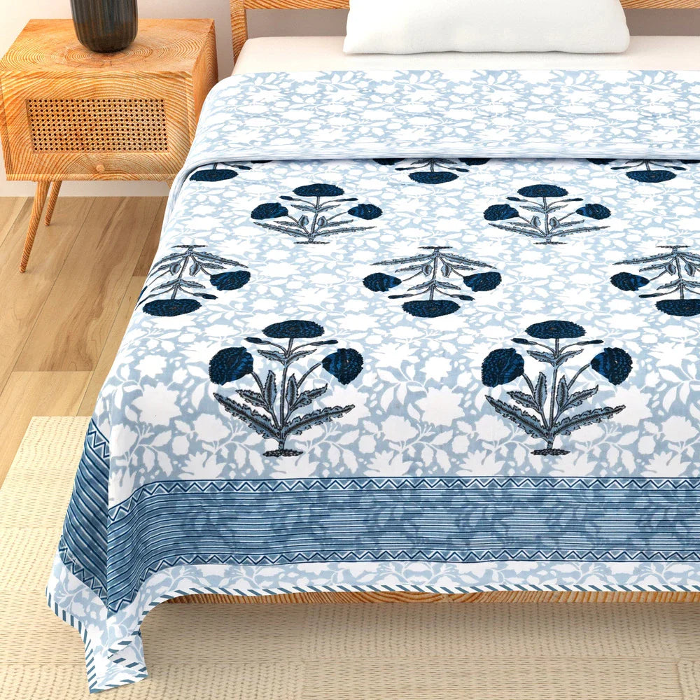 All Season Jaipuri AC Blanket | 100% Cotton | Block Print | Single Bed  – Blue Floral Buta (63X90 Inches)
