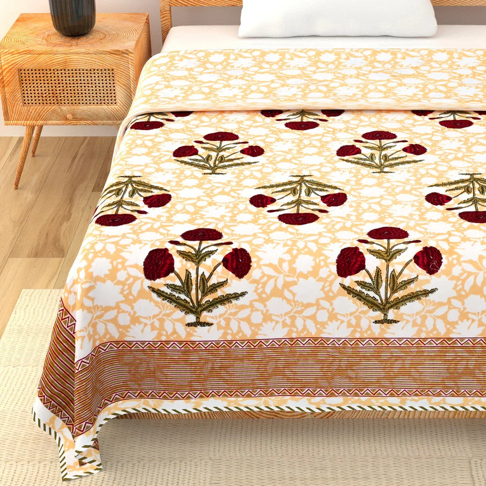 All Season Jaipuri AC Blanket | 100% Cotton | Block Print | Single Bed – Mughal Floral Buta (63X90 Inches)