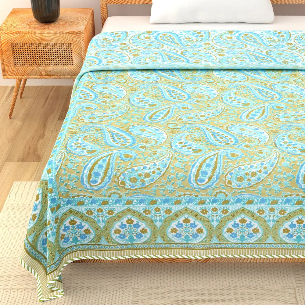 All Season Jaipuri AC Blanket | 100% Cotton | Block Print | Single Bed  –  Mughal Jaal Yellow (63X90 Inches)