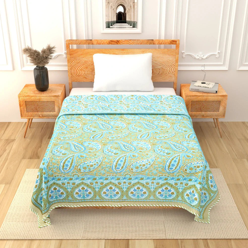 All Season Jaipuri AC Blanket | 100% Cotton | Block Print | Single Bed  –  Mughal Jaal Yellow (63X90 Inches)
