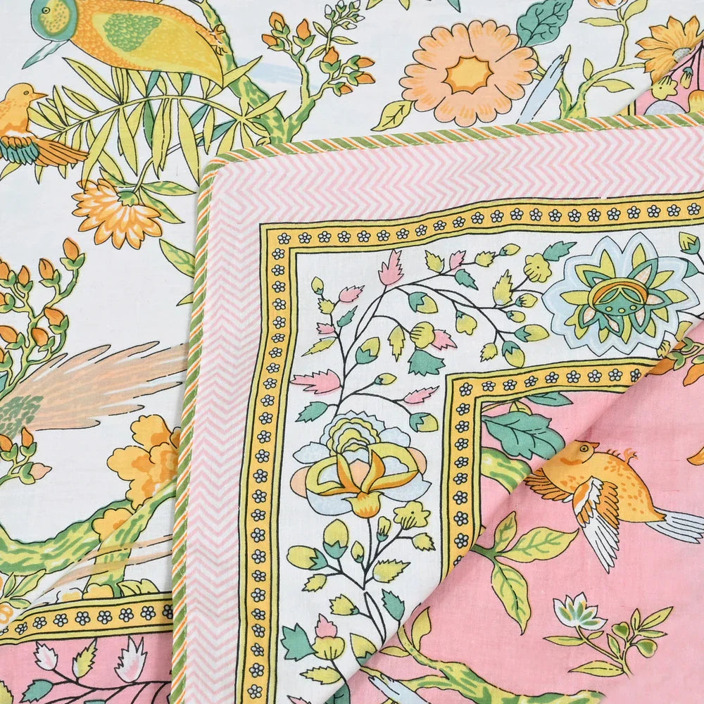 All Season Jaipuri AC Blanket | 100% Cotton | Block Print | Single Bed  – Yellow Birds Floral (63X90 Inches)