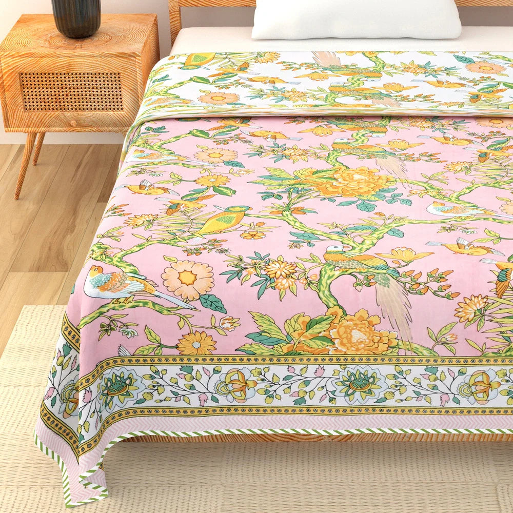 All Season Jaipuri AC Blanket | 100% Cotton | Block Print | Single Bed  – Yellow Birds Floral (63X90 Inches)